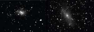 Maffei 1, a sinistra, e Maffei 2, a destra, sono galassie impossibili da notare alle lunghezze d’onda visibili, ma nell’infrarosso appaiono magicamente dalle dense polveri della Via Lattea.
